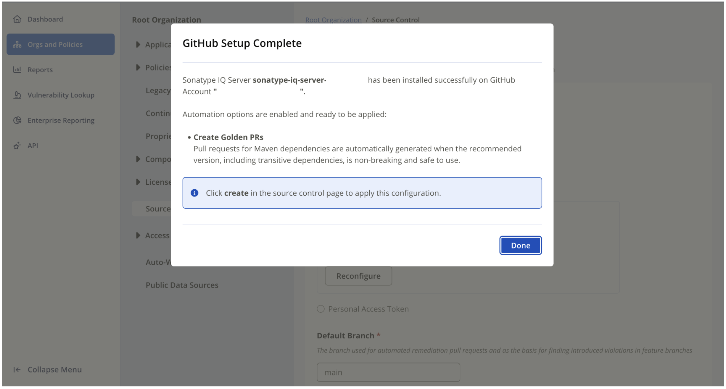 UI Screen for SCM - Source Control Configuration - GitHub Setup Complete
