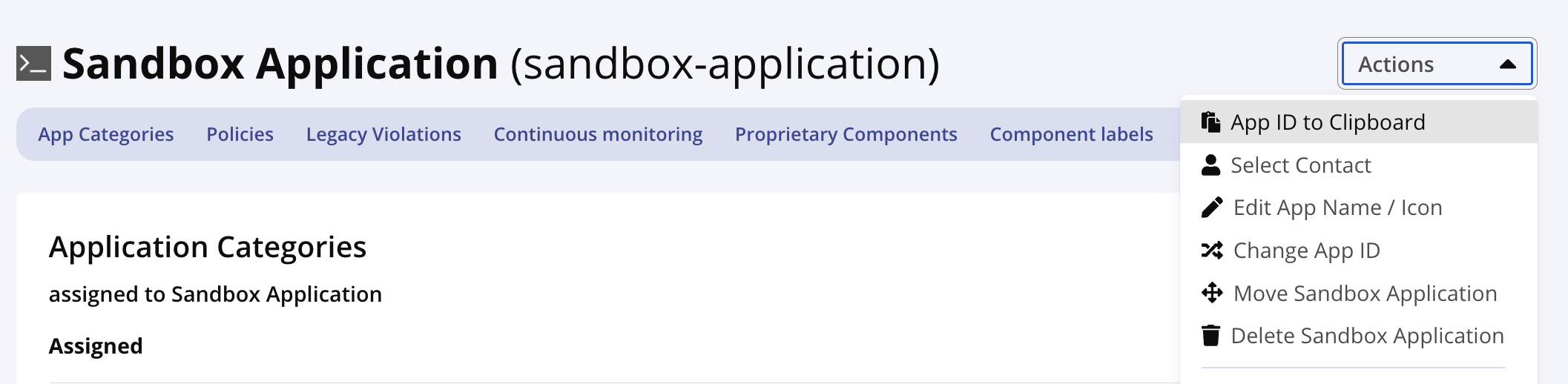 The application's action menu from Orgs and Policies configuration.