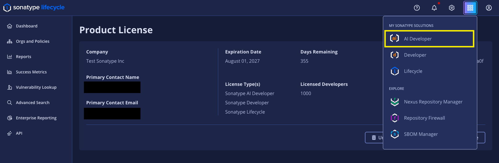 Sonatype Lifecycle Product License page showing license details and the product switcher menu. The AI Developer option is highlighted in the product switcher, indicating where users can access Sonatype AI Developer.