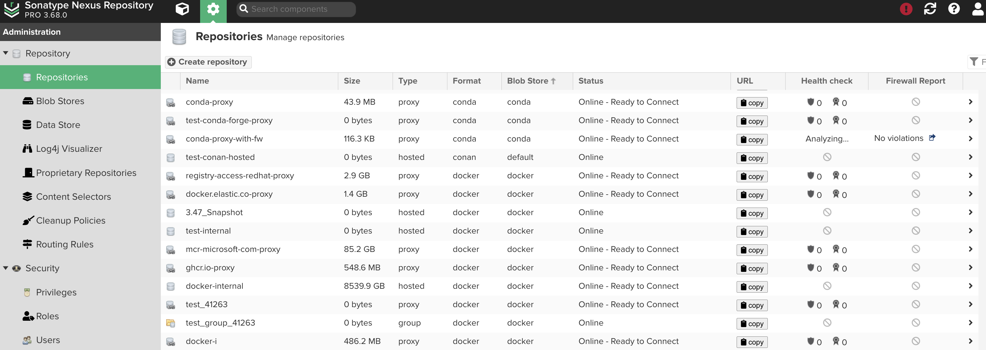 View for managing repositories includes repo size and Firewall summary
