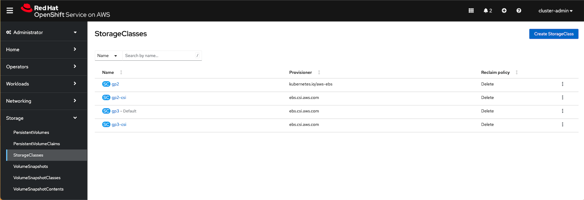 OpenShift Service on AWS storage class