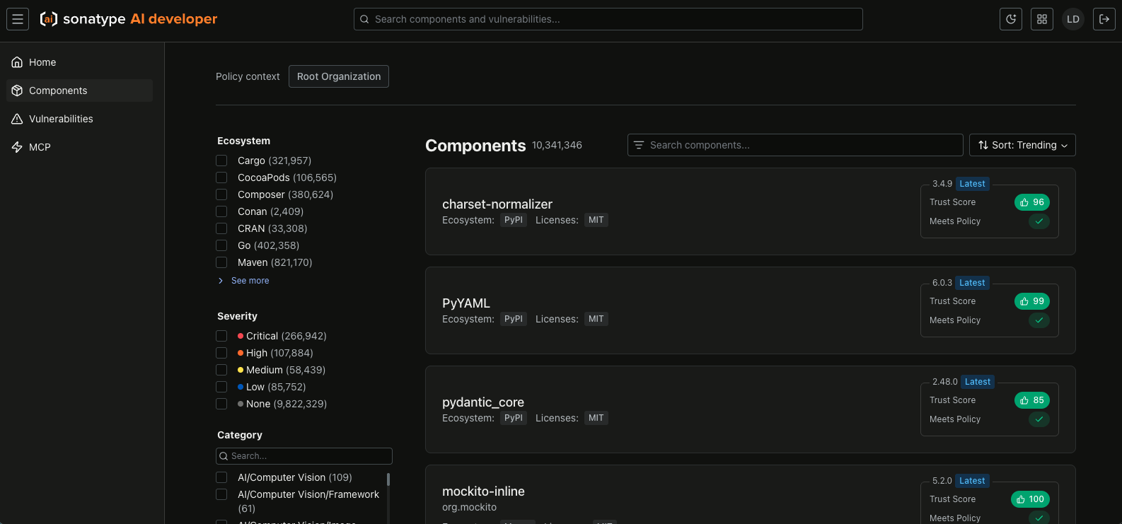 Sonatype AI Developer Components page in dark mode, showing filters for policy context, ecosystem, severity, and category. The main panel lists components with search and sorting controls, including component names, ecosystems, licenses, latest versions,