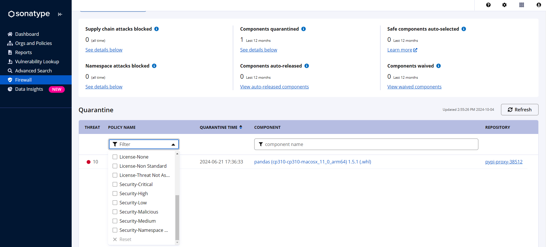 This is a screenshot of the Repository Firewall's dashboard where the results are filtered for components violating the Security-Malicious policy.