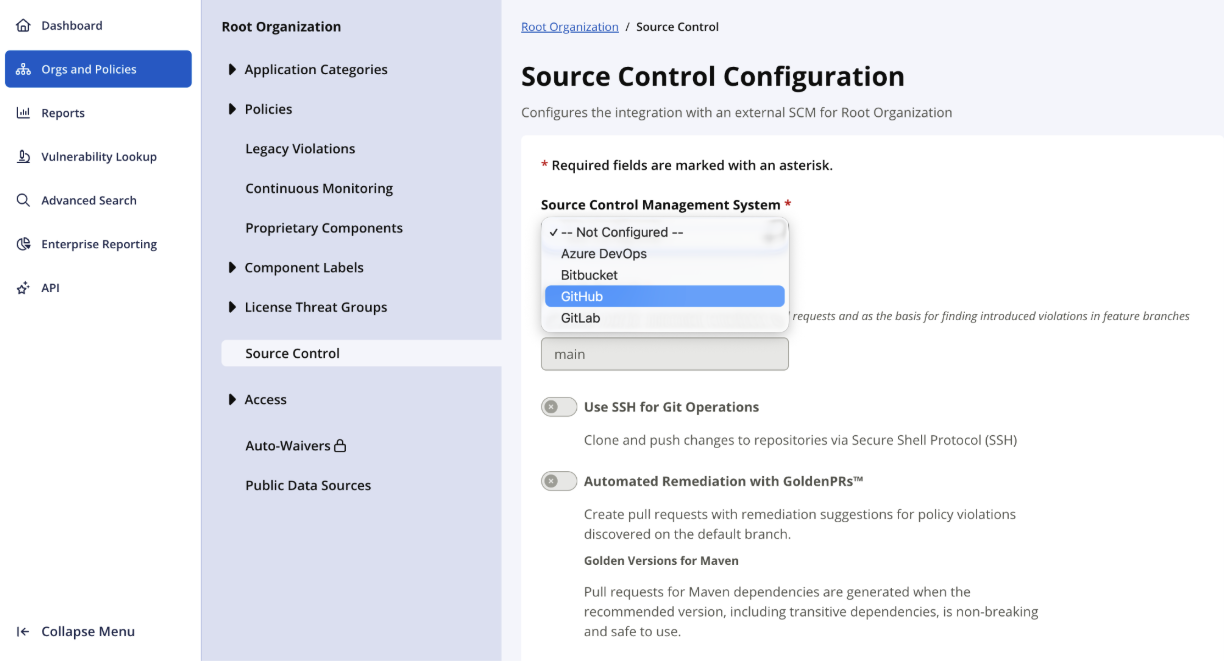 UI screen for SCM - Source Control Configuration - GitHub