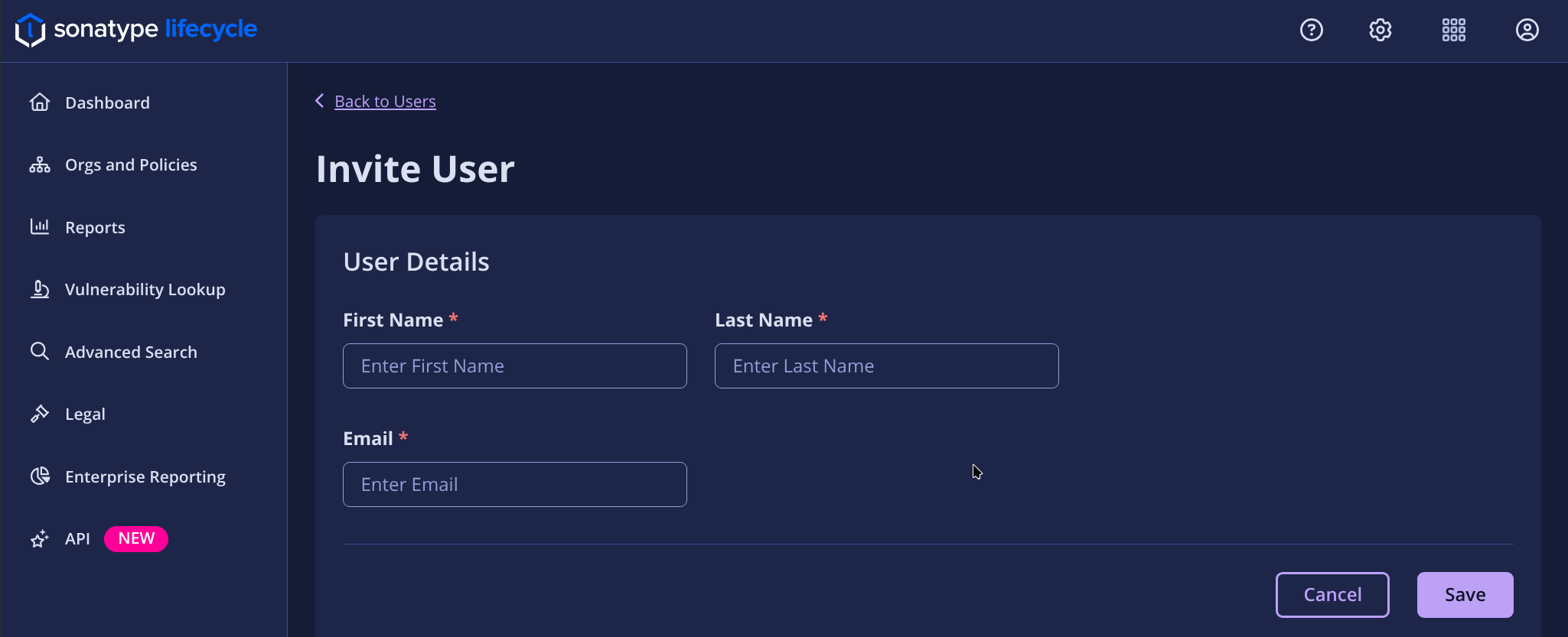 UI screen for IQ Cloud - Invite Users