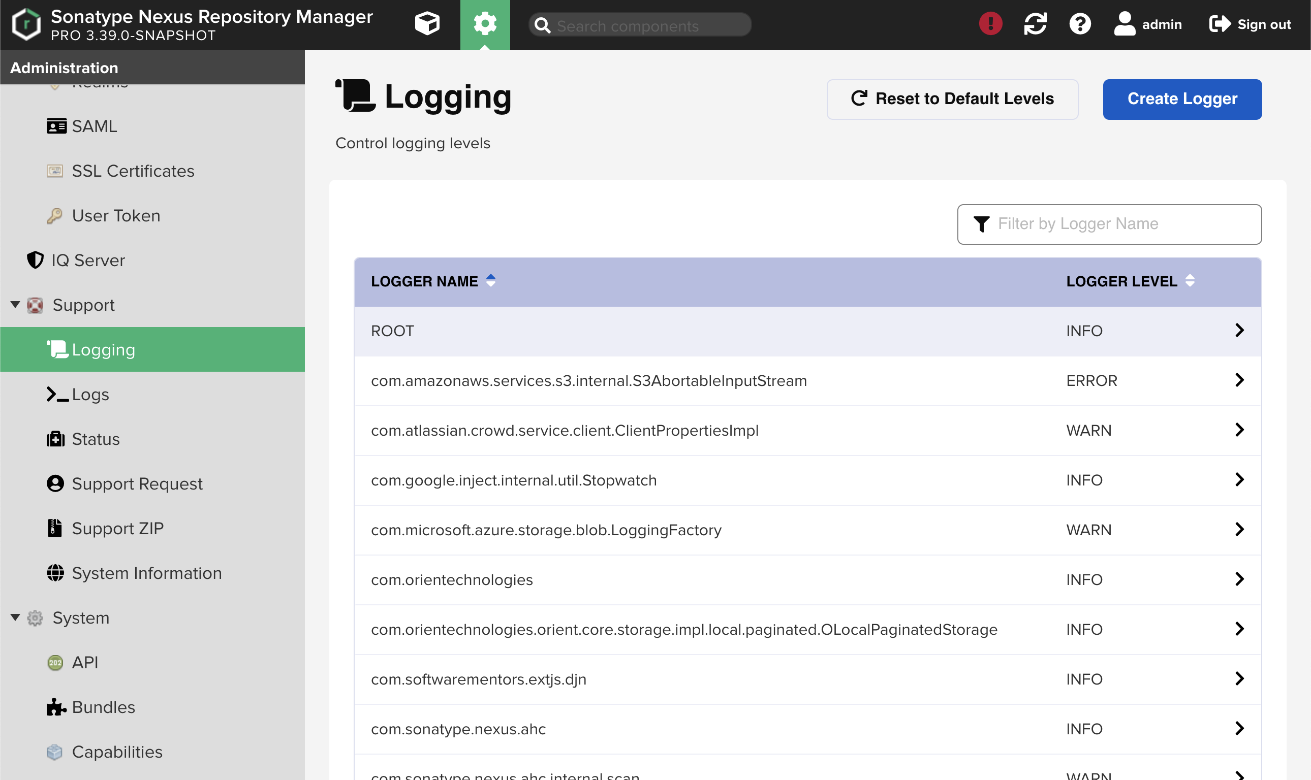 Logging view with table of default loggers