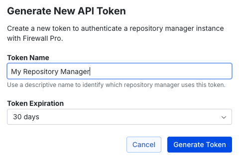 Dialog titled “Generate New API Token” with text explaining that the token authenticates a repository manager instance with Firewall Pro. The form includes a “Token Name” field containing “My Repository Manager” and helper text below it. A “