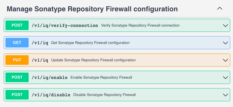 API user interface showing Manage Sonatype Repository Firewall configuration section
