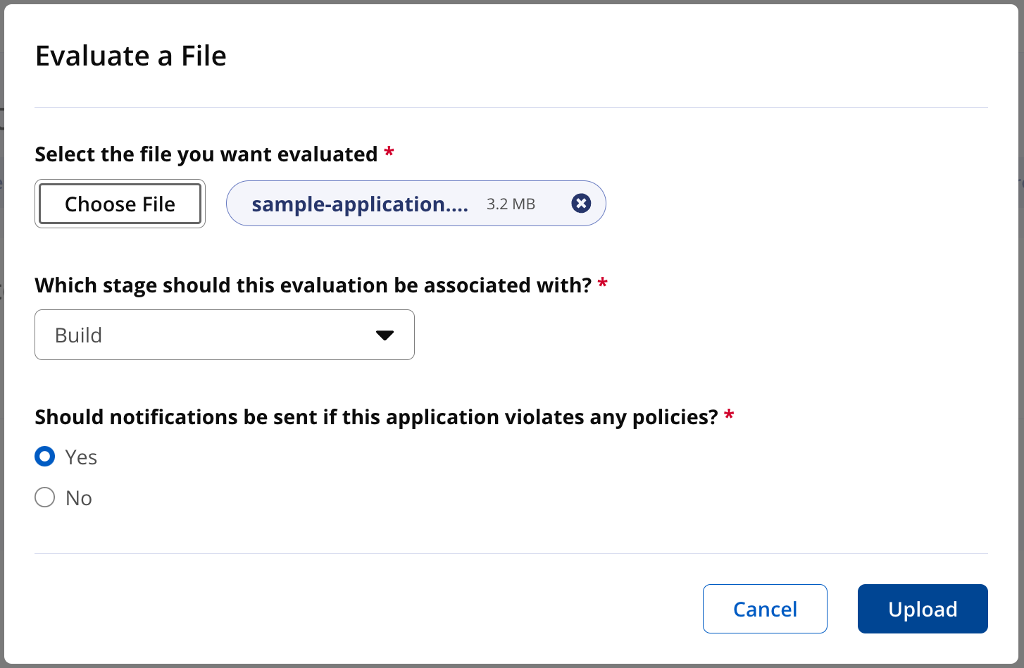 Dialog window to evaluate an application.