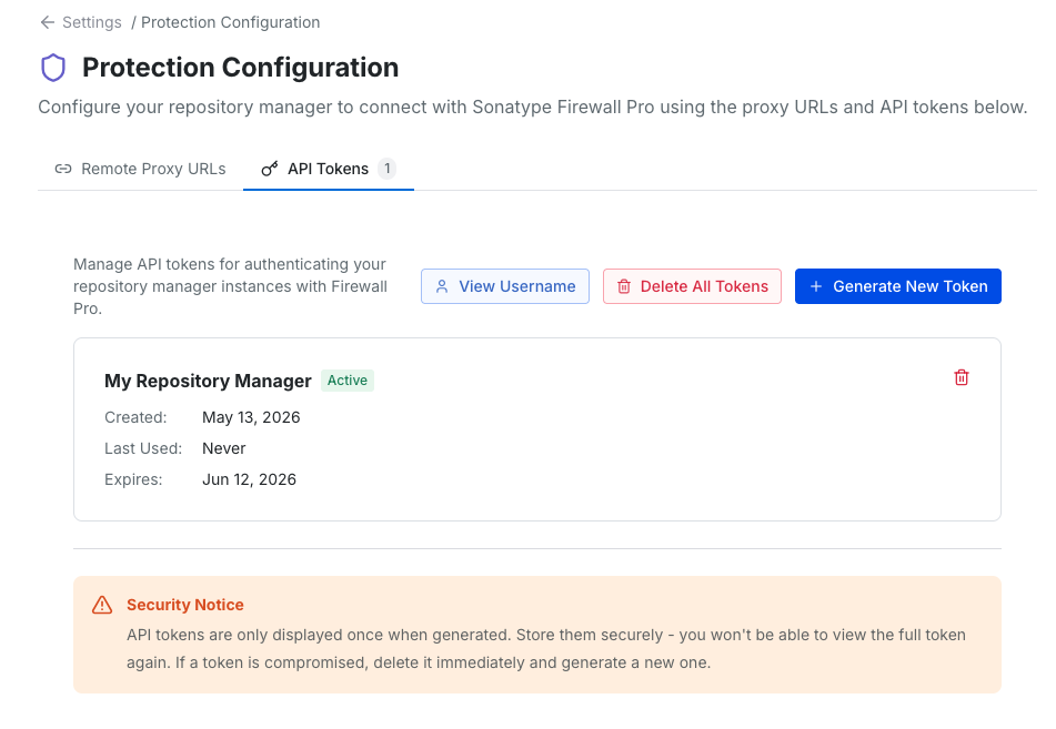 Protection Configuration page showing the “API Tokens” tab selected with one token listed. The page includes buttons to view the username, delete all tokens, and generate a new token. A token card for “My Repository Manager” is marked “Active”