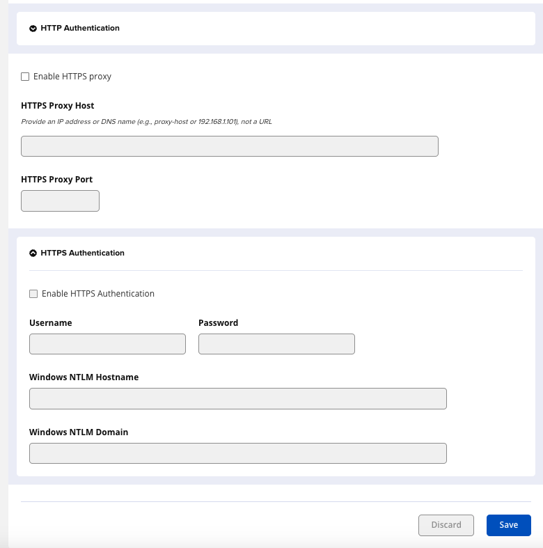 HTTP Authentication and HTTPS Authentication sections of HTTP Configuration form