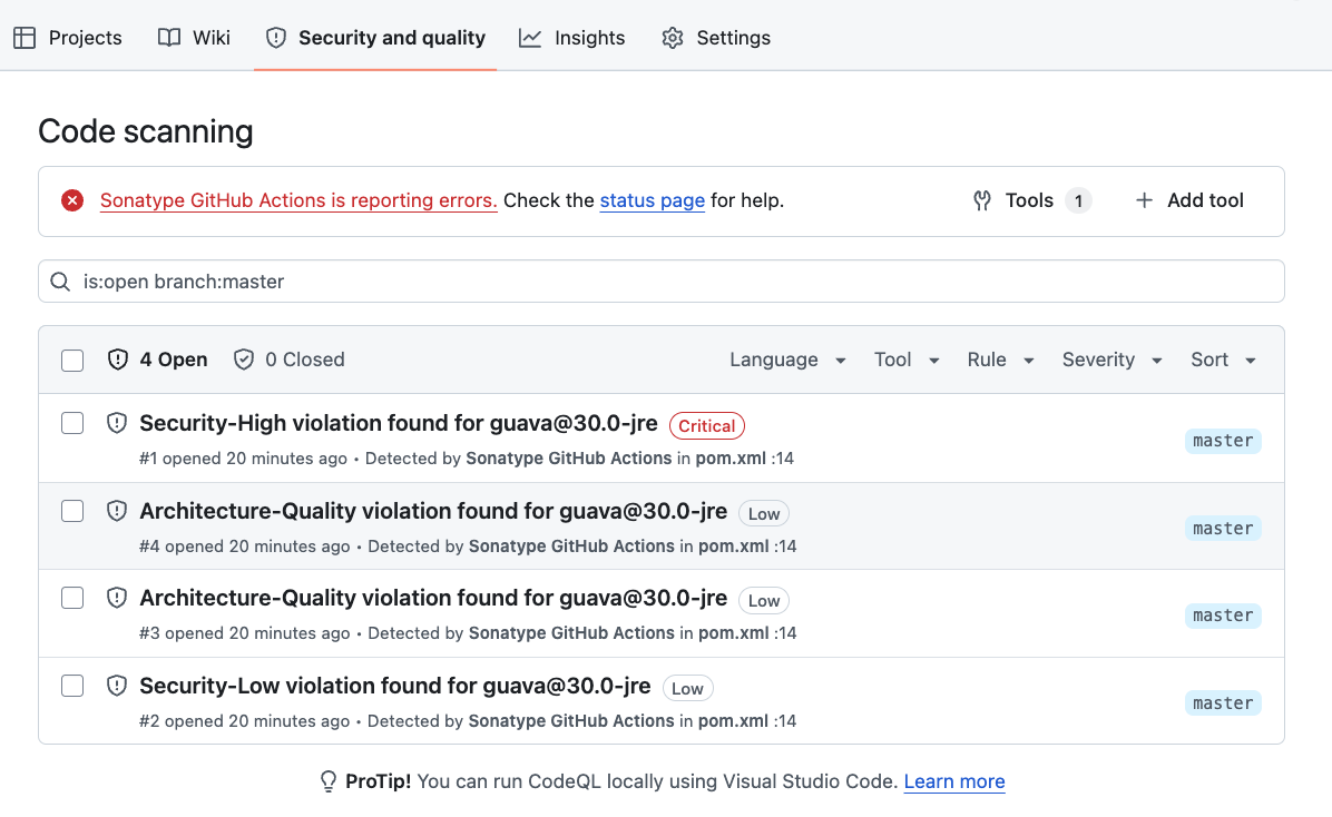 Integrations_-_GitHub_Actions_-_Lifecycle_vulnerabilities_displayed_as_GitHub_code_scanning_alerts_in_the_GitHub_Security_tab.png