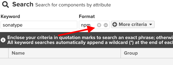 Example search for keyword sonatype with format npm added and the icons for removing or resetting search criteria highlighted