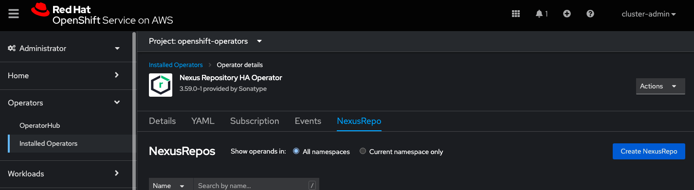 Installed Operators NexusRepos tab