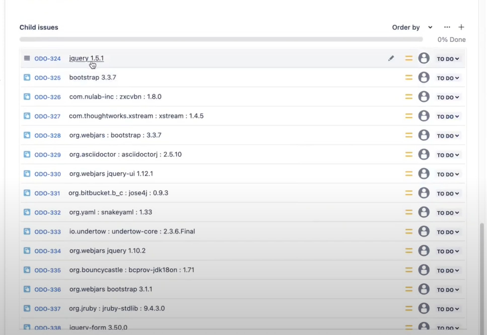 Component violations are listed as child issues on the Jira ticket created by the notification.