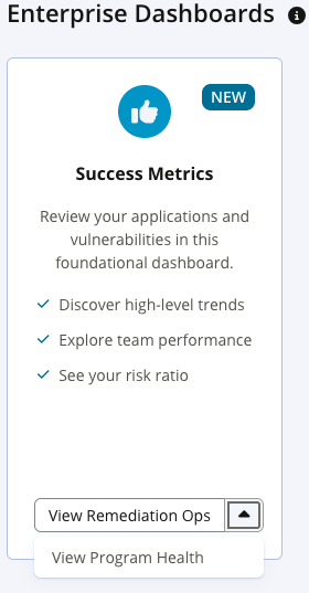 Enterprise Dashboards section featuring a “Success Metrics” dashboard card marked as new. The card includes a thumbs-up icon, descriptive text about reviewing applications and vulnerabilities, and bullet points for discovering trends, exploring team p