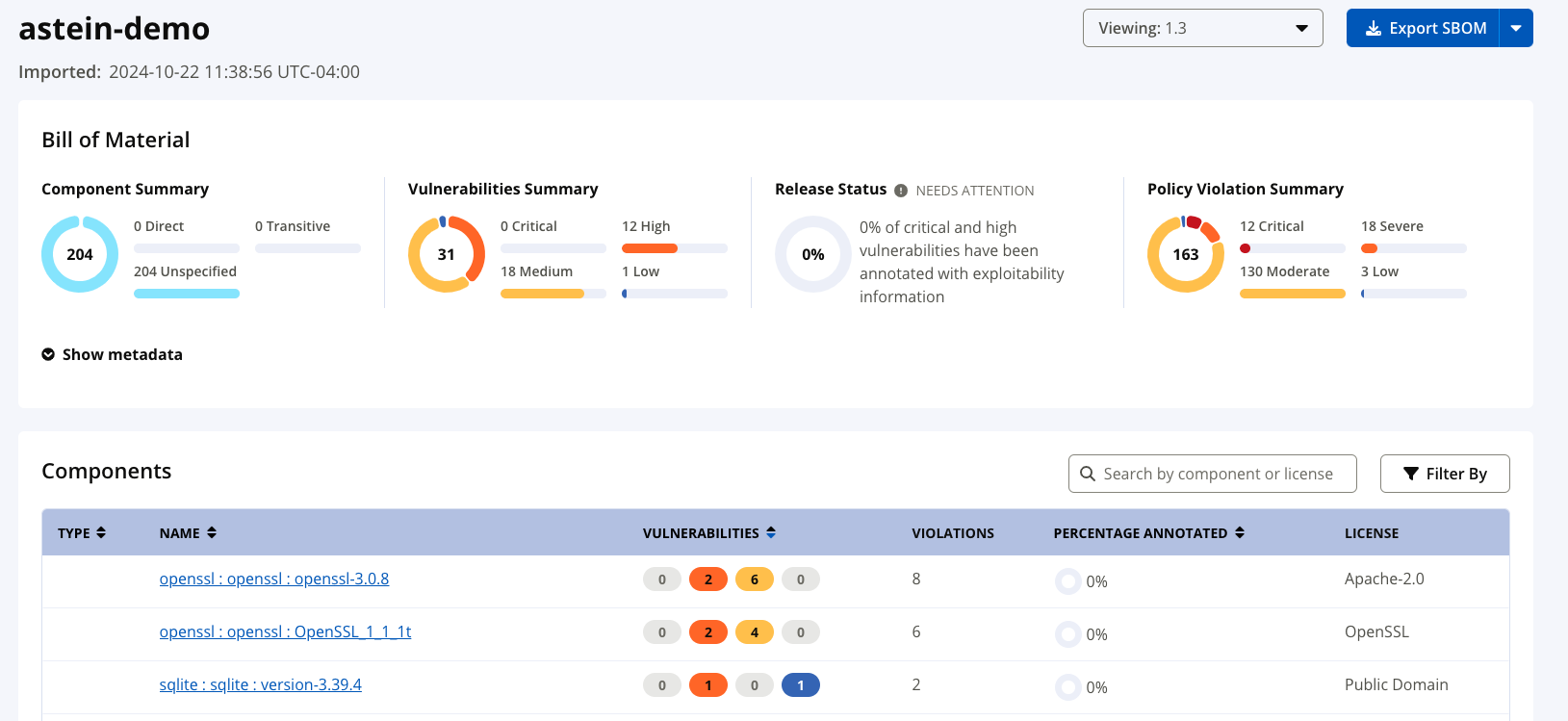 Screenshot of an example SBOM with the new Policy Violation Summary and Violations column visible