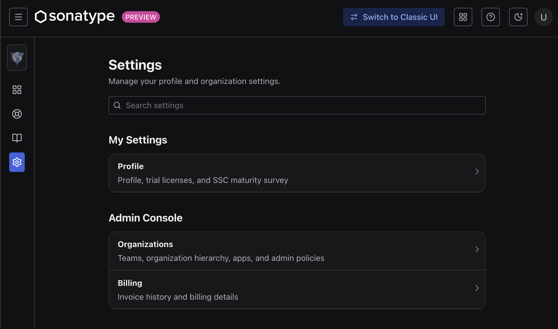 UI scree for Setting in my.sonatype.com