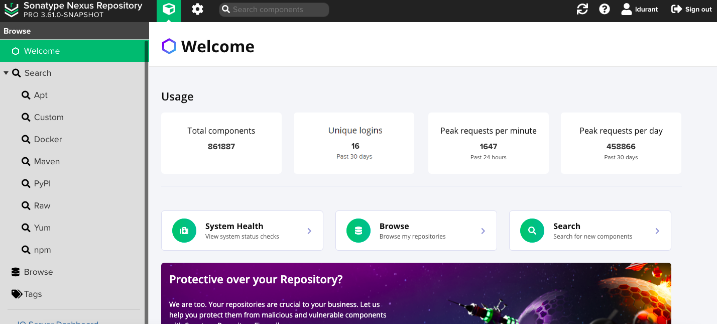 Welcome page showing usage metrics, including total components, unique logins, Peak requests per minute, and peak requests per day