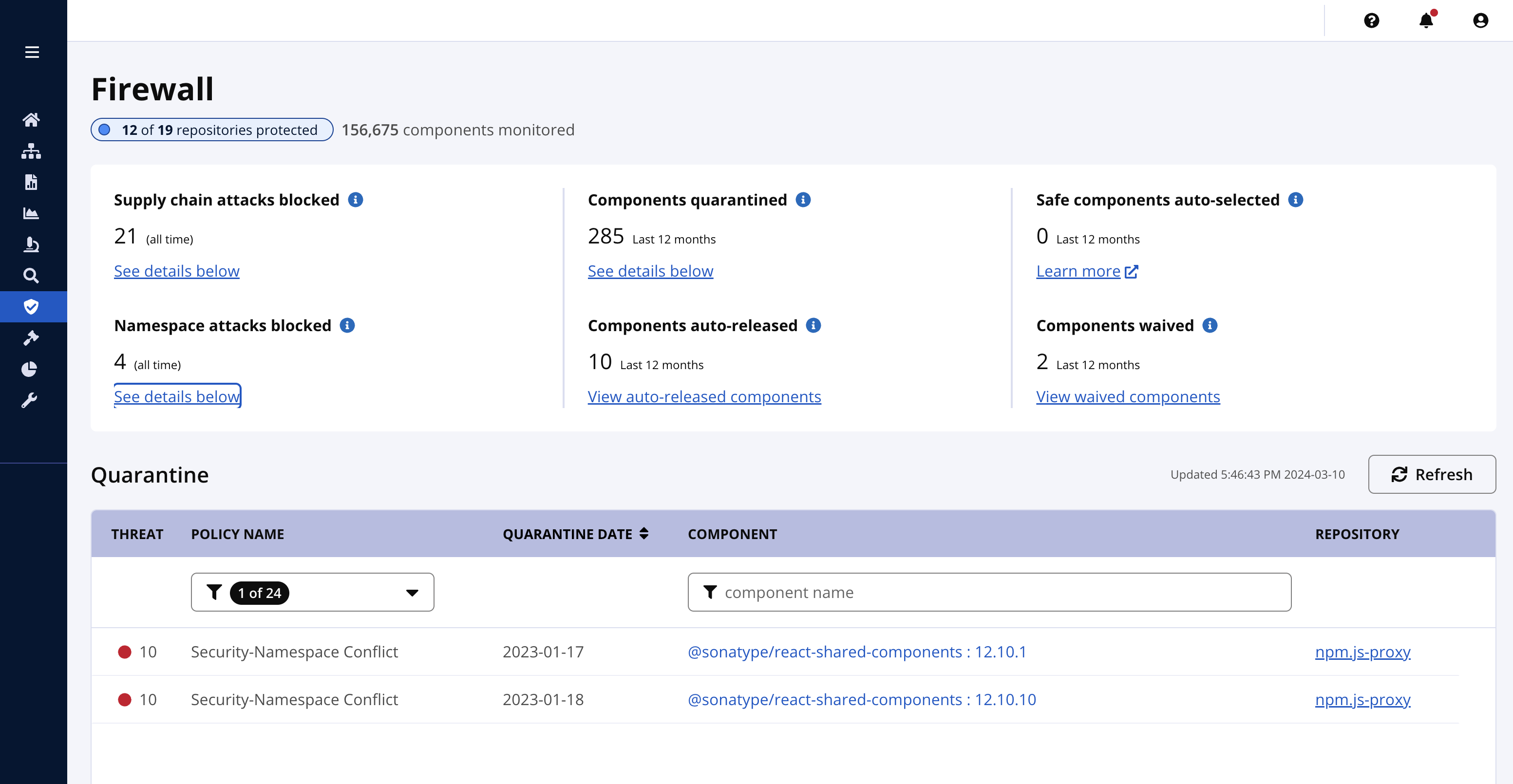 The Firewall Dashboard includes a summary of activity and quarantined components.